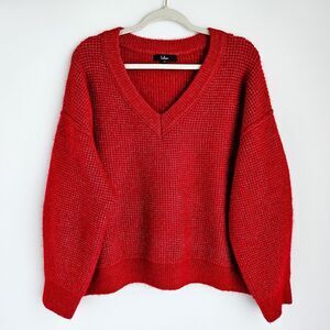 Lulus Warm in the Wintertime Heather Red Oversized V-Neck Knit Sweater Womens XL